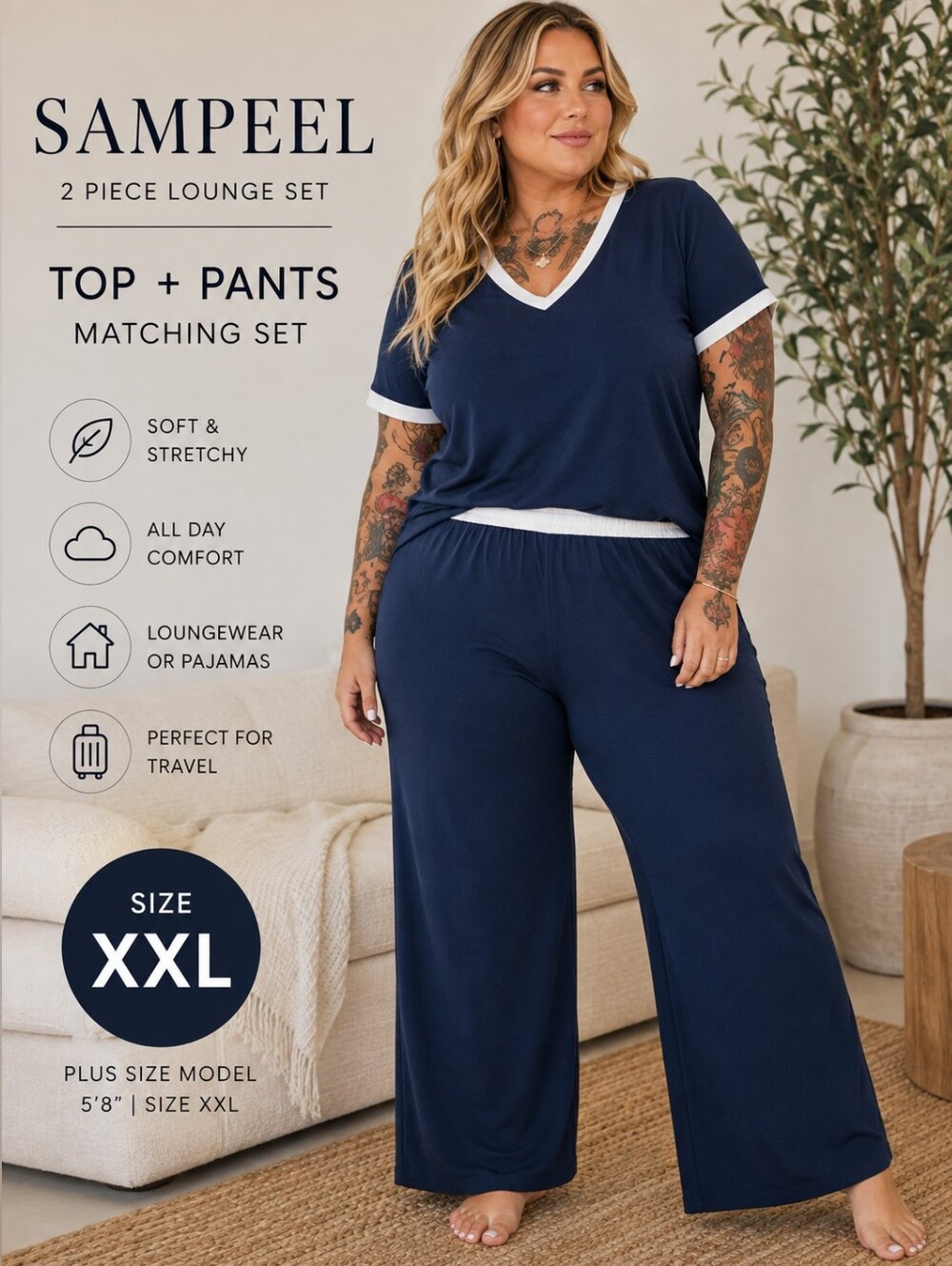 NWT Sampeel XXL Navy Blue 2 Piece Lounge Travel Pajama Top Pants Matching Set